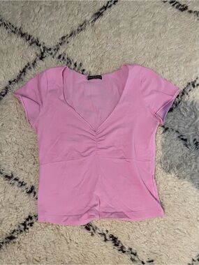 Rare Brandy Melville Gina Light Pink Ruched V-Neck Short Sleeve Top